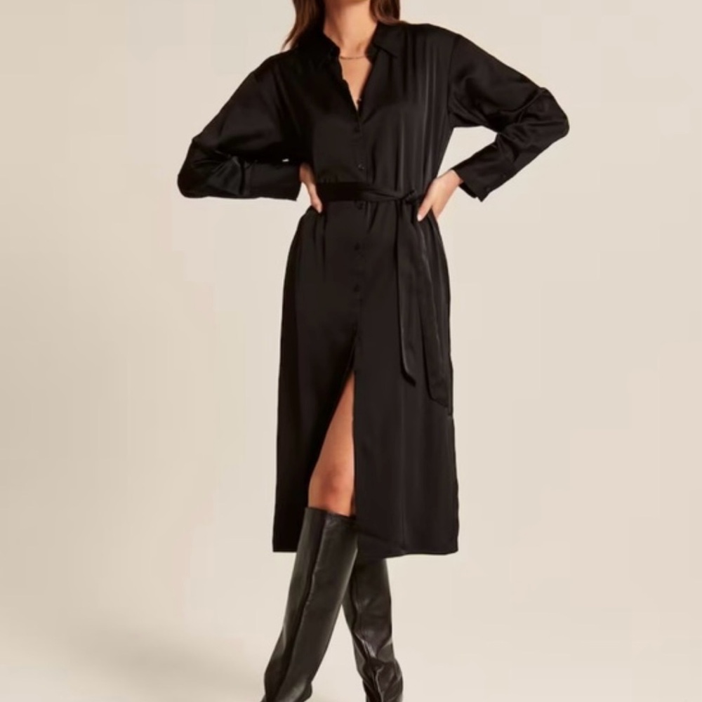 Abercrombie Long-Sleeve Satin Midi Shirt Dress